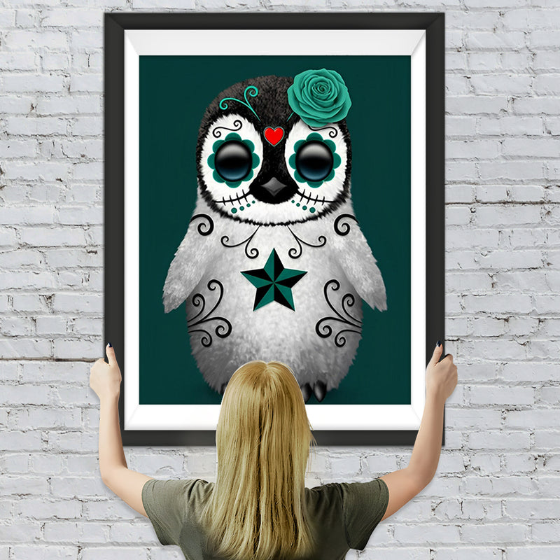 Pinguin mit grüner Rose Diamond Painting