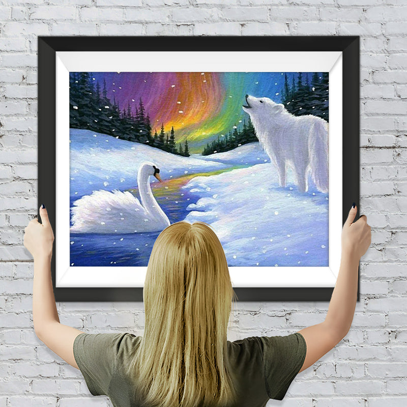 Polarlicht, weißer Wolf und Schwan Diamond Painting