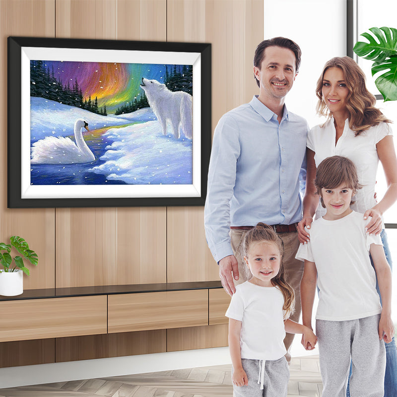 Polarlicht, weißer Wolf und Schwan Diamond Painting