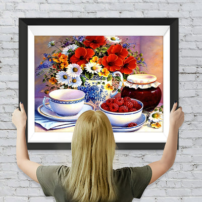 Porzellane, Blumen und Himbeeren Diamond Painting