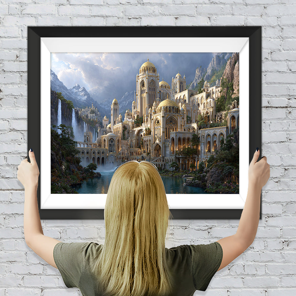 Prächtiges Schloss zwischen Bergen und Wasserfällen Diamond Painting