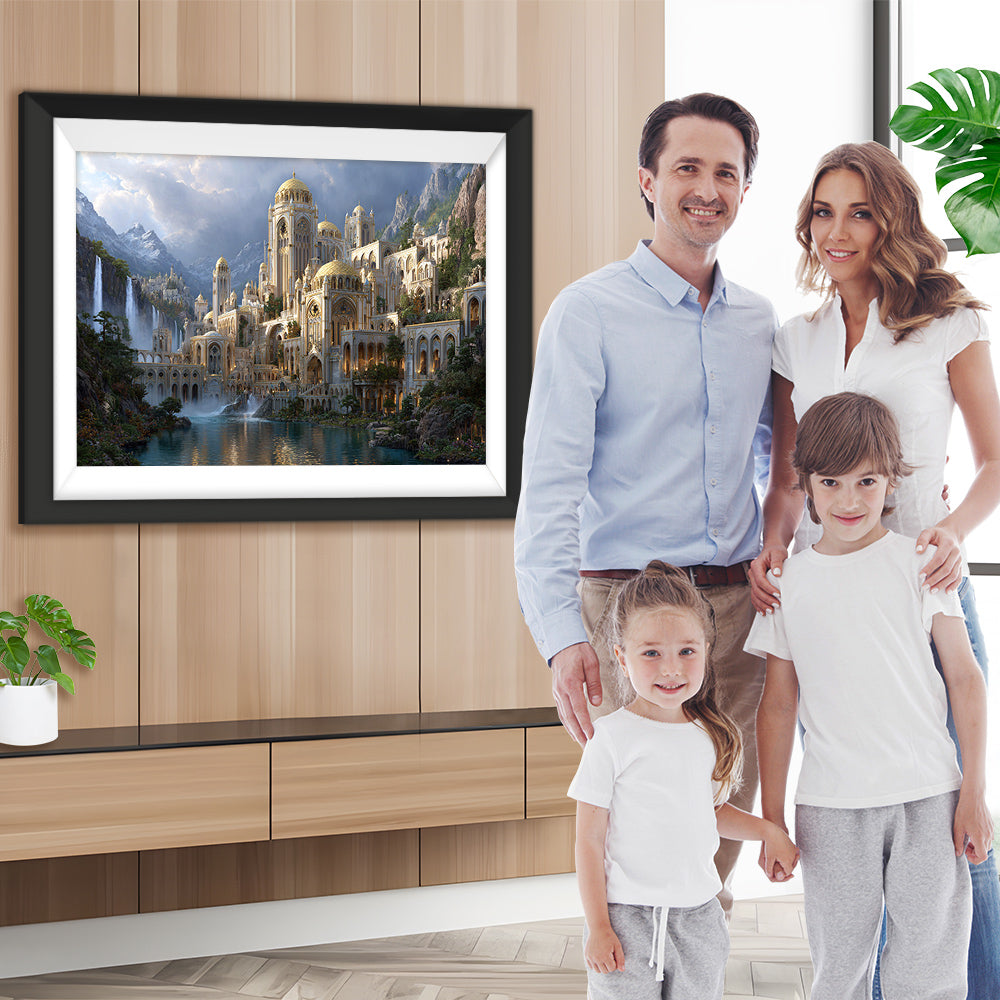 Prächtiges Schloss zwischen Bergen und Wasserfällen Diamond Painting