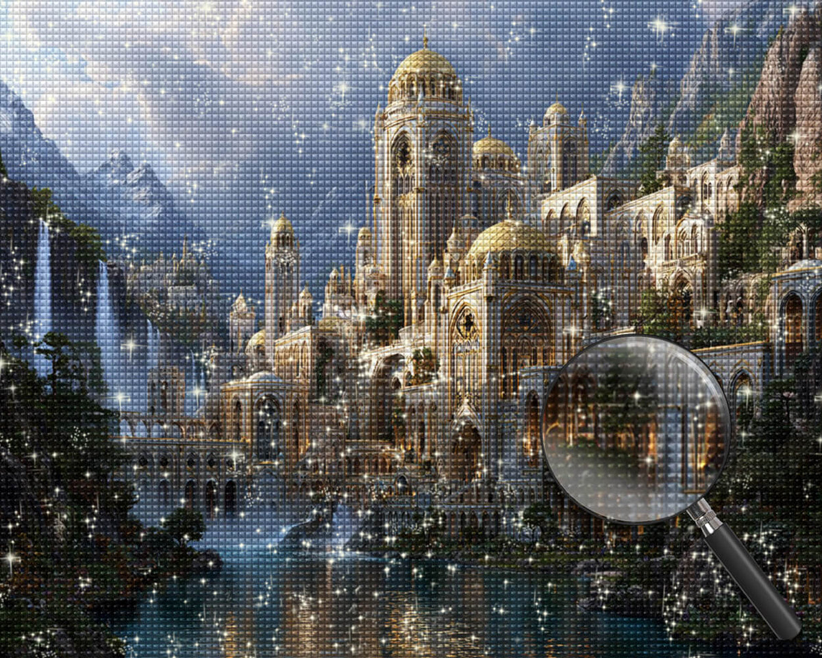 Prächtiges Schloss zwischen Bergen und Wasserfällen Diamond Painting