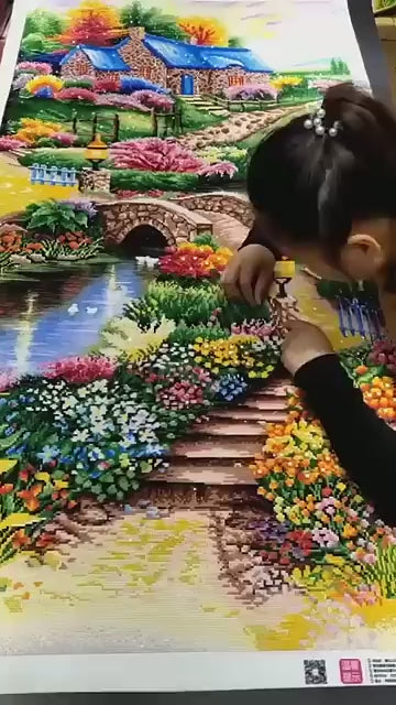 Brücke Fluss Garten Steinhaus Diamond Painting