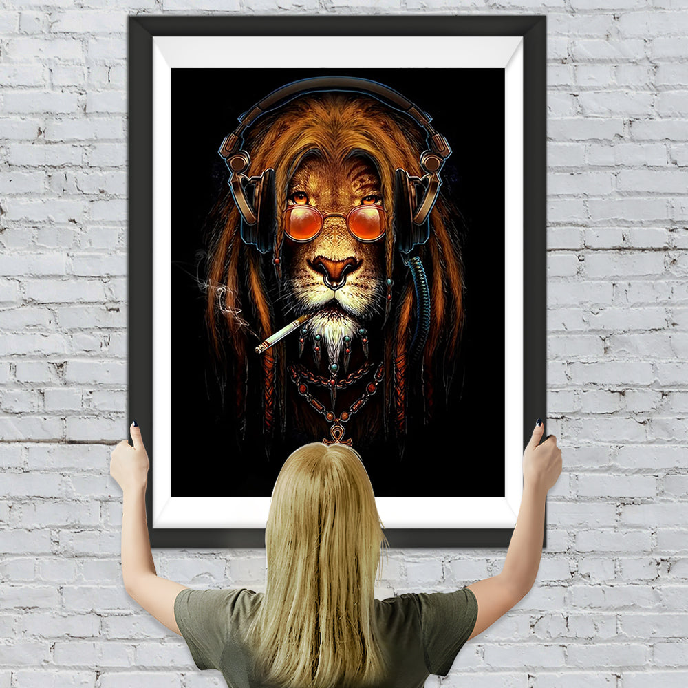 Rauchender und Musik hörender Löwe Diamond Painting