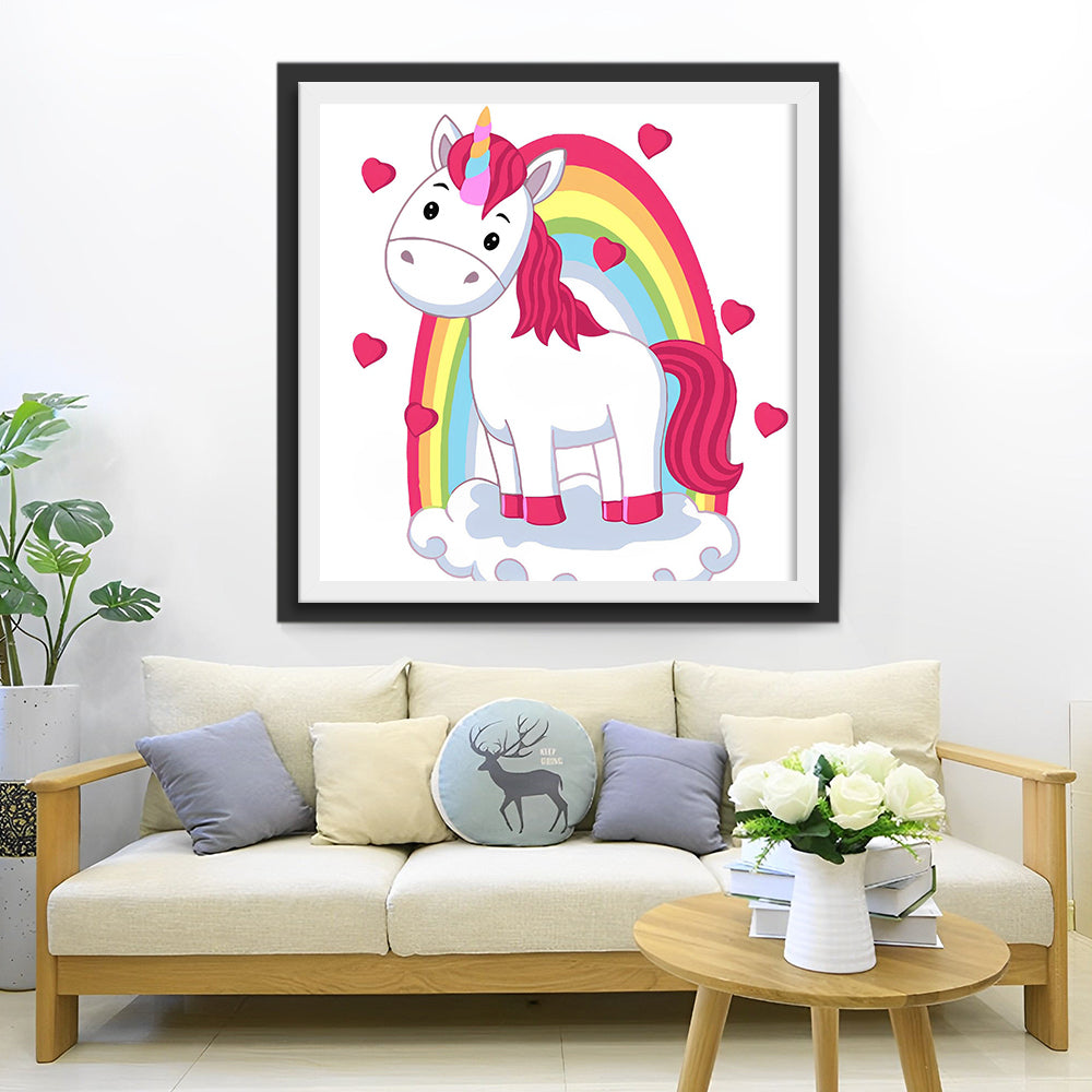Regenbogen, Einhorn und rote Herzen Diamond Painting