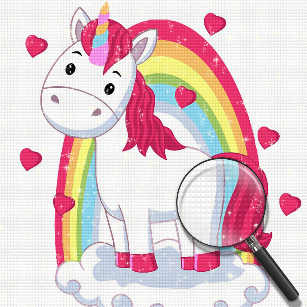 Regenbogen, Einhorn und rote Herzen Diamond Painting
