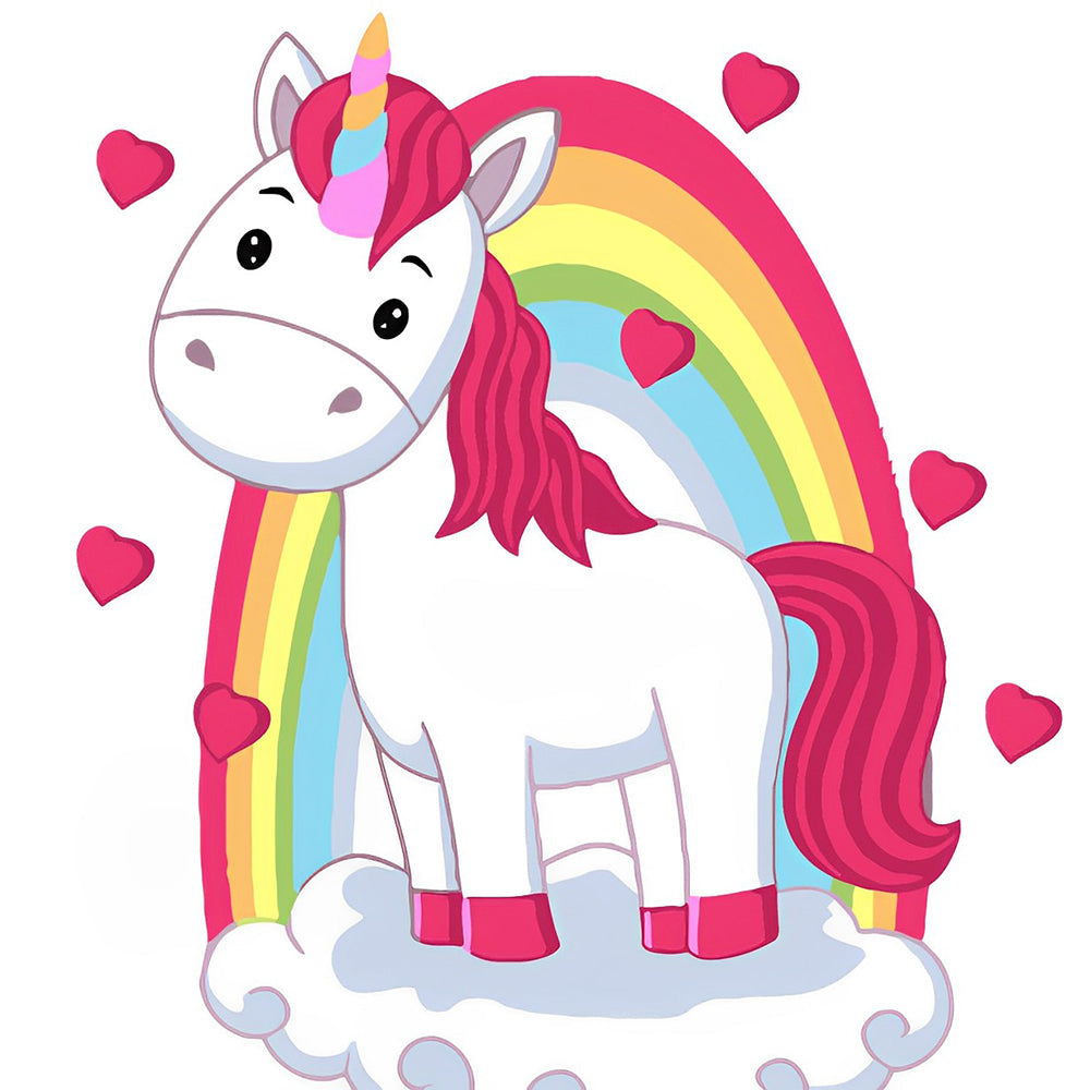 Regenbogen, Einhorn und rote Herzen Diamond Painting
