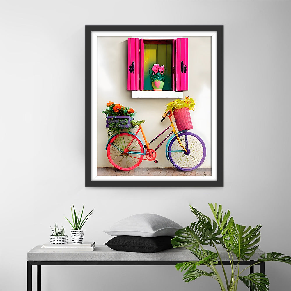 Regenbogenfarbenes Fahrrad unter einem rosenroten Fenster Diamond Painting