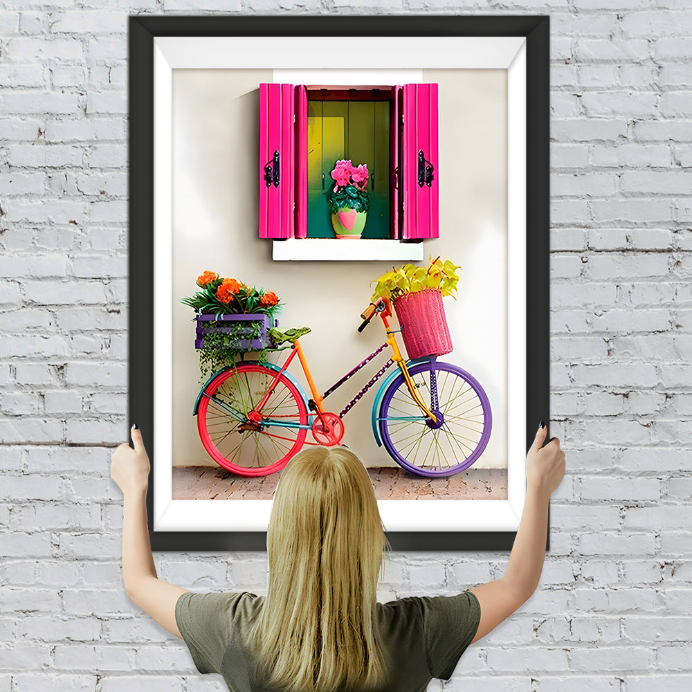 Regenbogenfarbenes Fahrrad unter einem rosenroten Fenster Diamond Painting