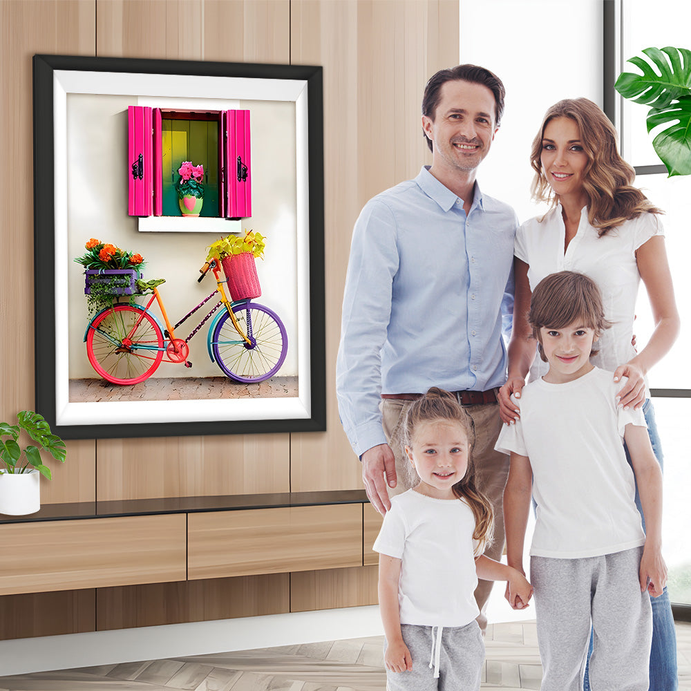 Regenbogenfarbenes Fahrrad unter einem rosenroten Fenster Diamond Painting