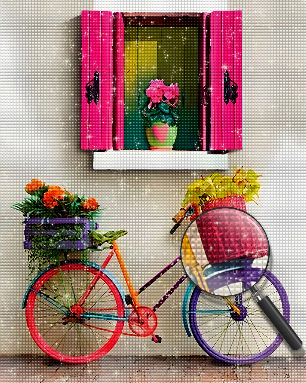 Regenbogenfarbenes Fahrrad unter einem rosenroten Fenster Diamond Painting