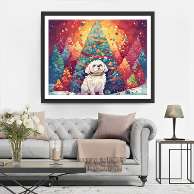 Riesige Weihnachtsbäume und weißes Hündchen Diamond Painting