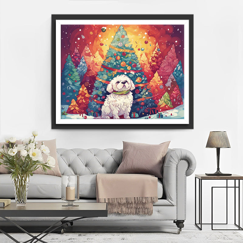 Riesige Weihnachtsbäume und weißes Hündchen Diamond Painting