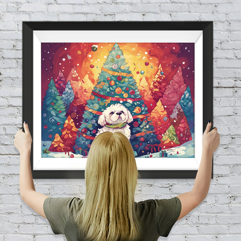 Riesige Weihnachtsbäume und weißes Hündchen Diamond Painting