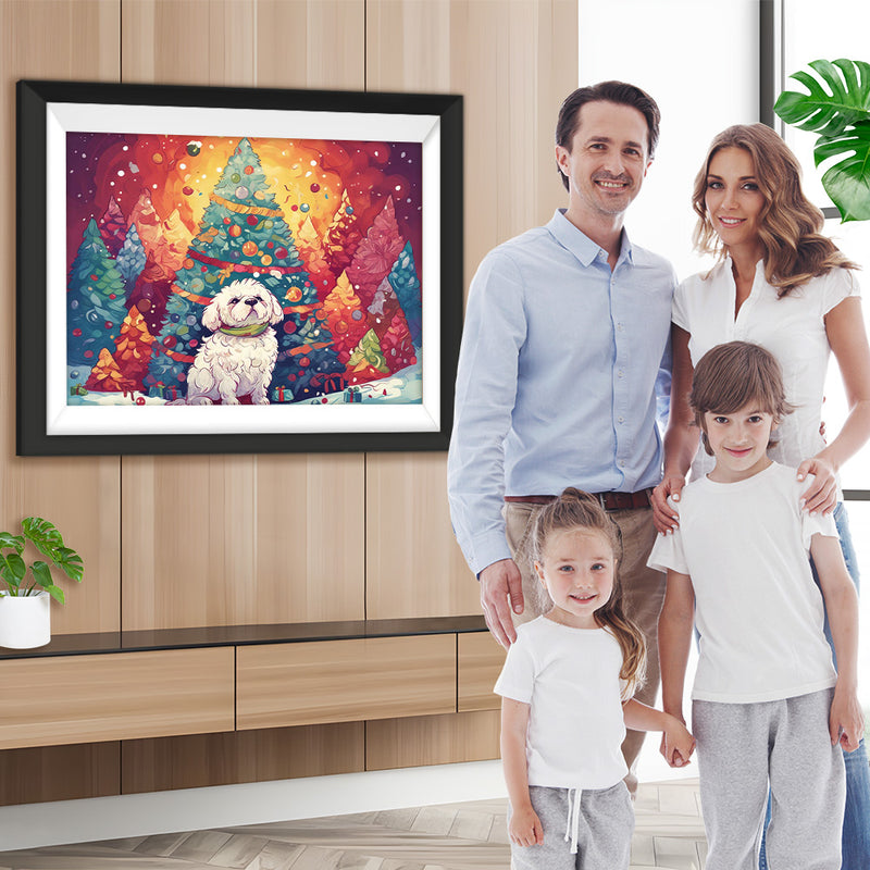 Riesige Weihnachtsbäume und weißes Hündchen Diamond Painting