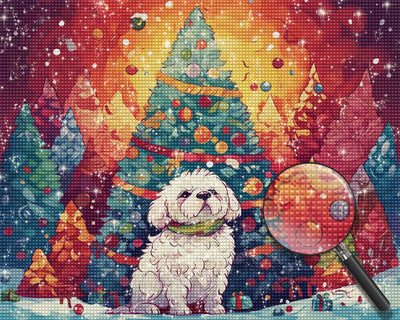 Riesige Weihnachtsbäume und weißes Hündchen Diamond Painting