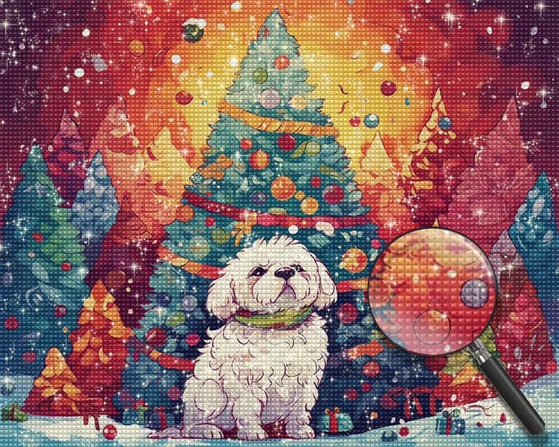 Riesige Weihnachtsbäume und weißes Hündchen Diamond Painting