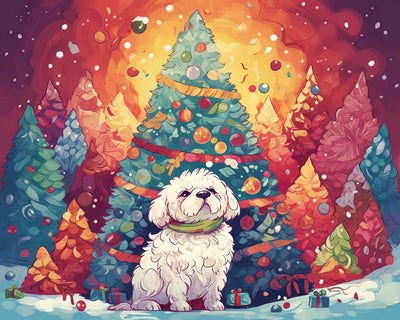 Riesige Weihnachtsbäume und weißes Hündchen Diamond Painting