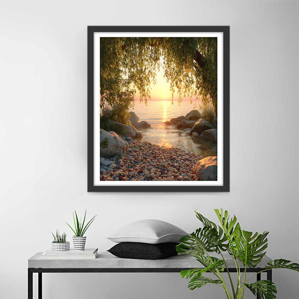 Riesiger Baum am See bei Sonnenaufgang Diamond Painting