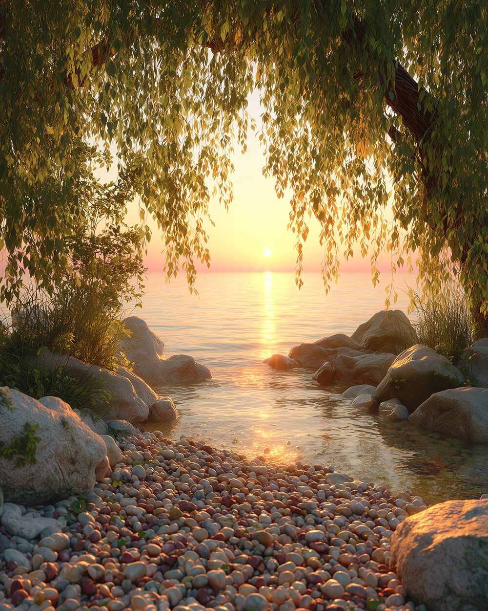 Riesiger Baum am See bei Sonnenaufgang Diamond Painting