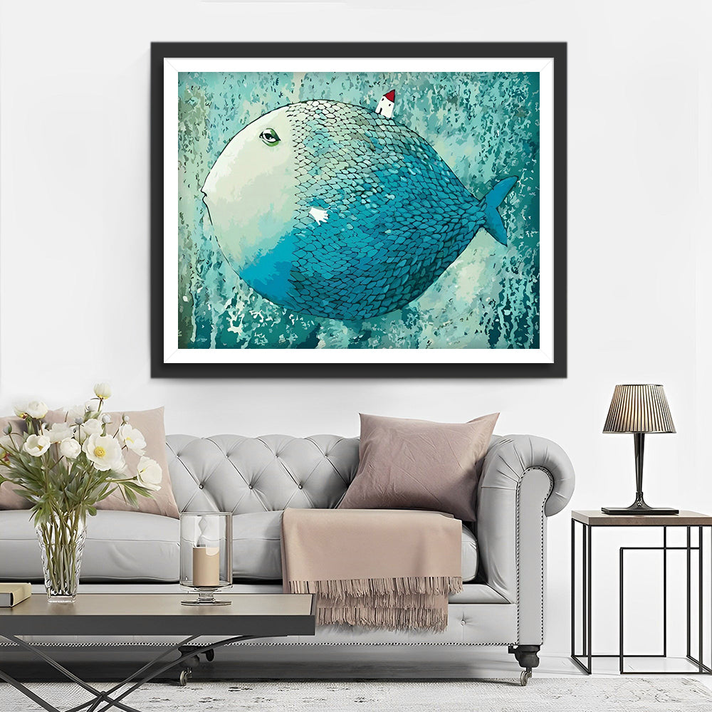 Riesiger blauer Fisch und kleines Haus Diamond Painting