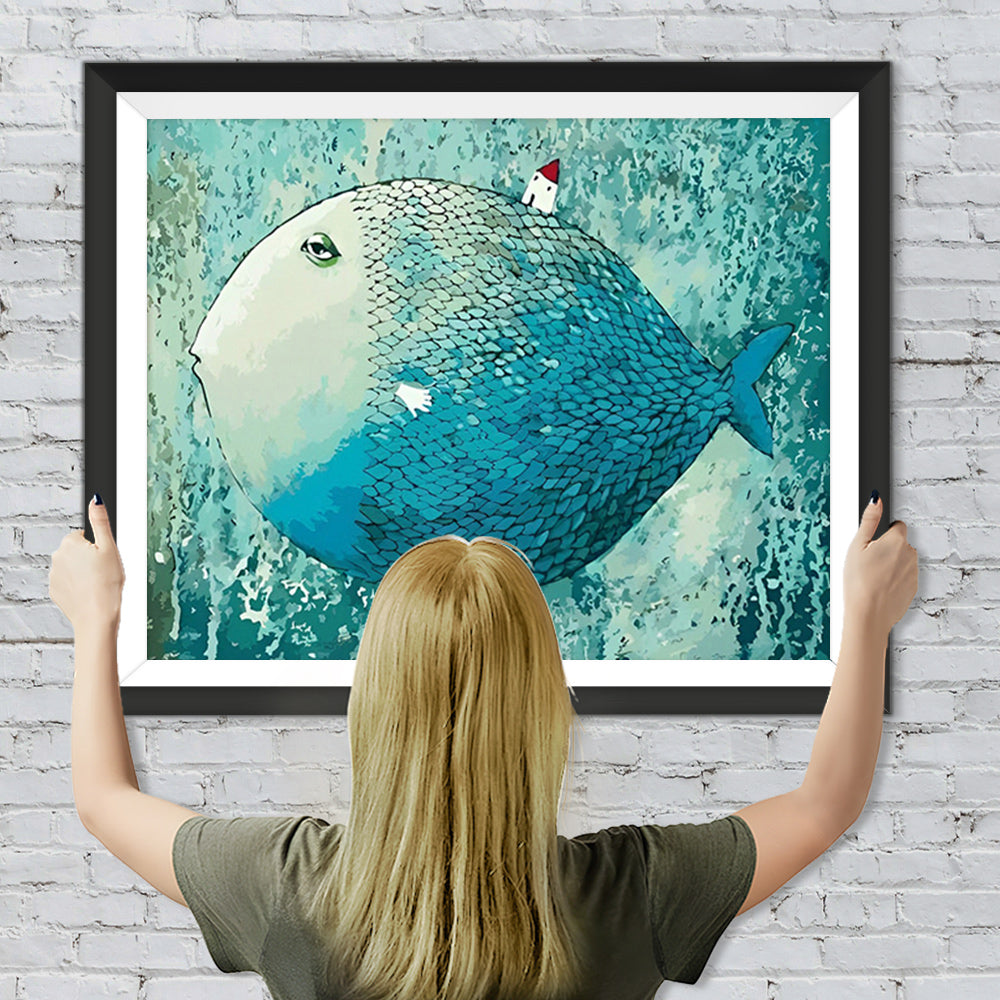 Riesiger blauer Fisch und kleines Haus Diamond Painting