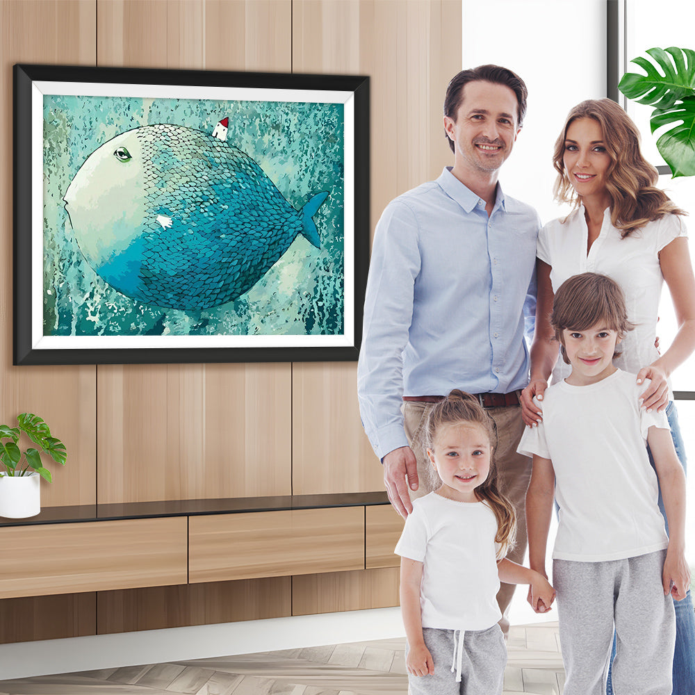 Riesiger blauer Fisch und kleines Haus Diamond Painting
