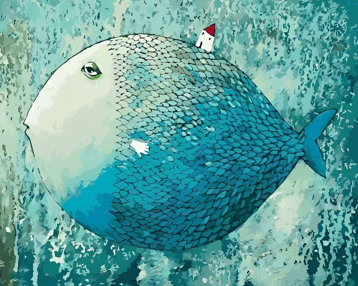 Riesiger blauer Fisch und kleines Haus Diamond Painting
