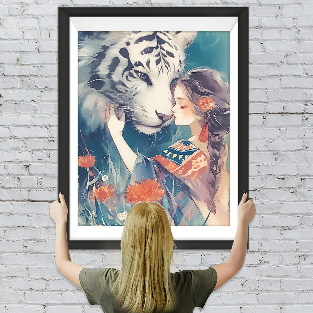 Riesiger Tiger und schönes Mädchen Diamond Painting