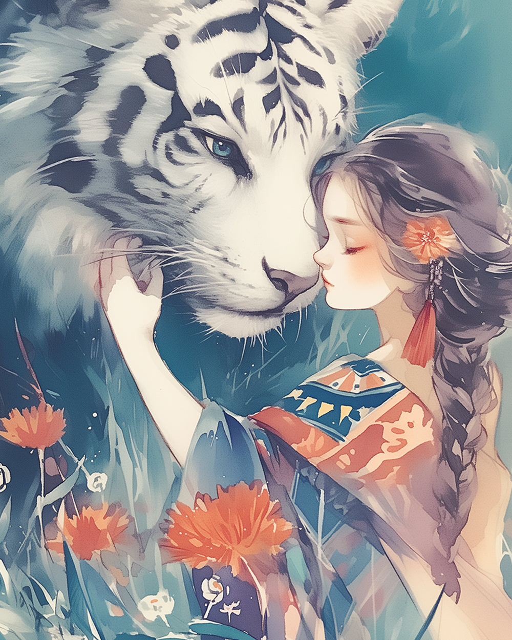 Riesiger Tiger und schönes Mädchen Diamond Painting