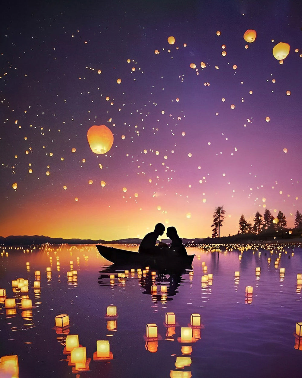 Romantisches Paar auf Boot bei Nacht Diamond Painting