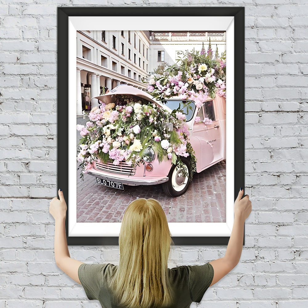 Rosa Auto voller Blumen Diamond Painting
