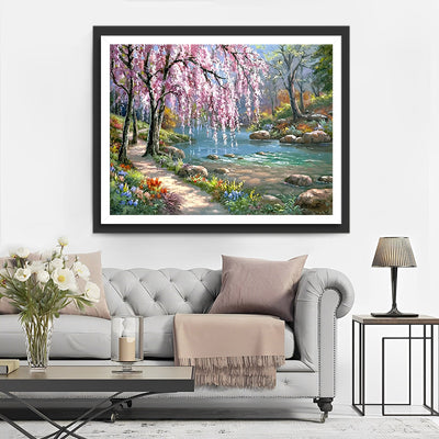 Rosa blühende Bäume am Fluss Diamond Painting