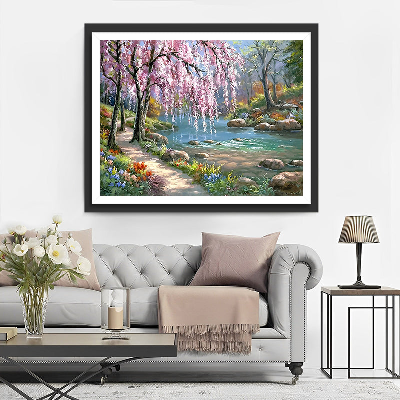 Rosa blühende Bäume am Fluss Diamond Painting