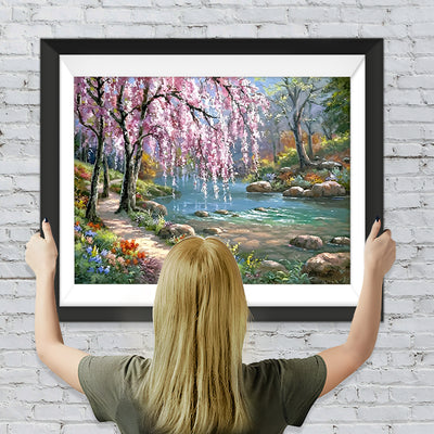 Rosa blühende Bäume am Fluss Diamond Painting
