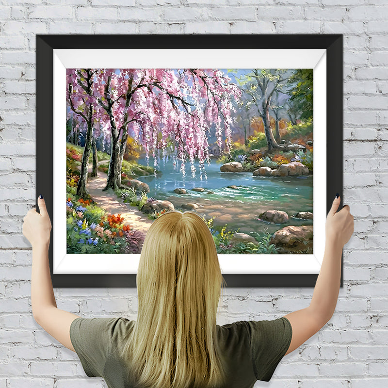 Rosa blühende Bäume am Fluss Diamond Painting