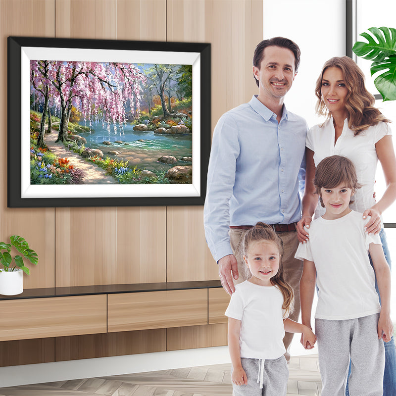 Rosa blühende Bäume am Fluss Diamond Painting