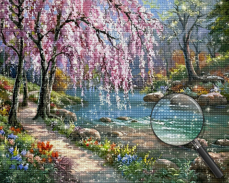 Rosa blühende Bäume am Fluss Diamond Painting