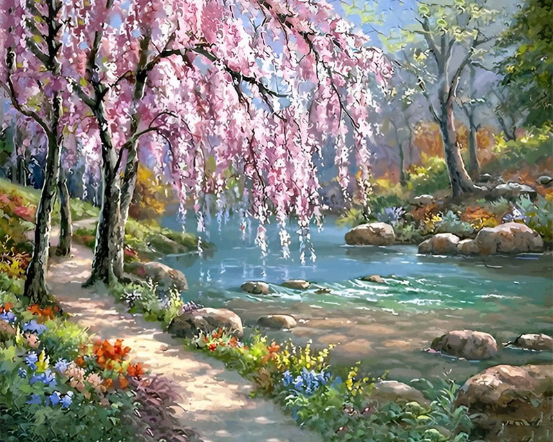 Rosa blühende Bäume am Fluss Diamond Painting