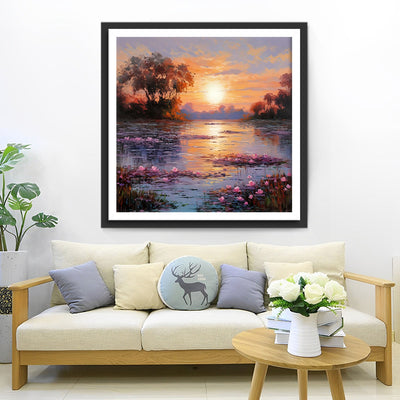 Rosa Blume See bei Sonnenuntergang Diamond Painting