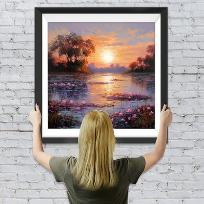 Rosa Blume See bei Sonnenuntergang Diamond Painting
