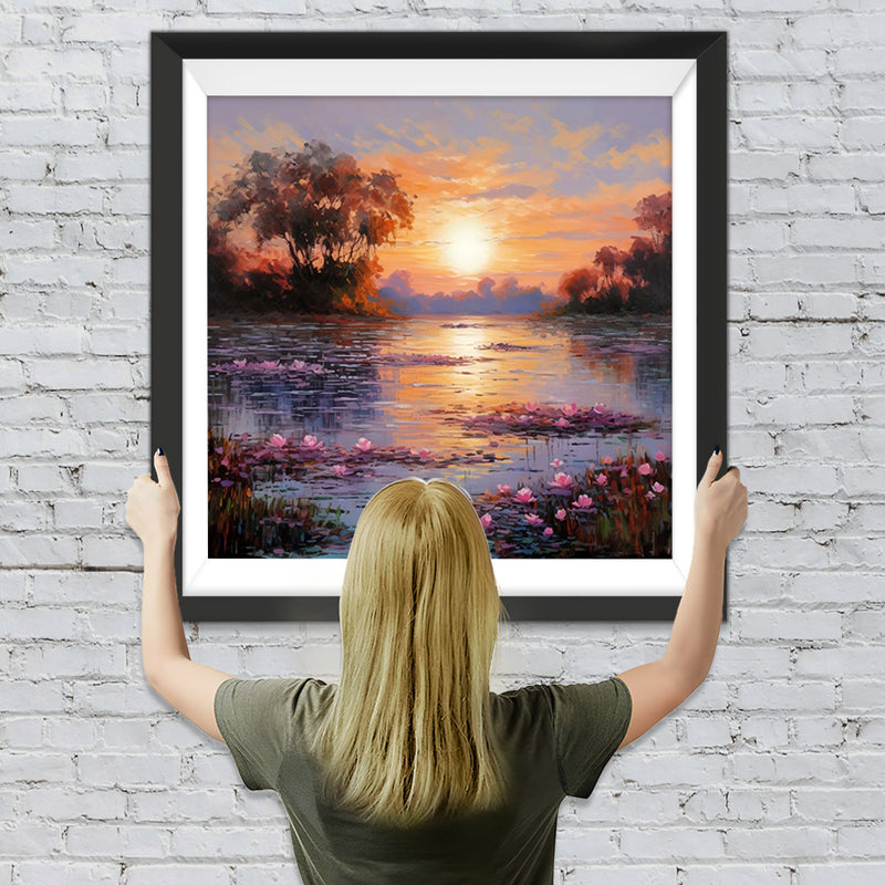 Rosa Blume See bei Sonnenuntergang Diamond Painting