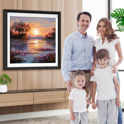 Rosa Blume See bei Sonnenuntergang Diamond Painting