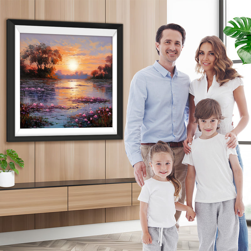 Rosa Blume See bei Sonnenuntergang Diamond Painting