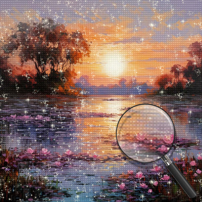 Rosa Blume See bei Sonnenuntergang Diamond Painting