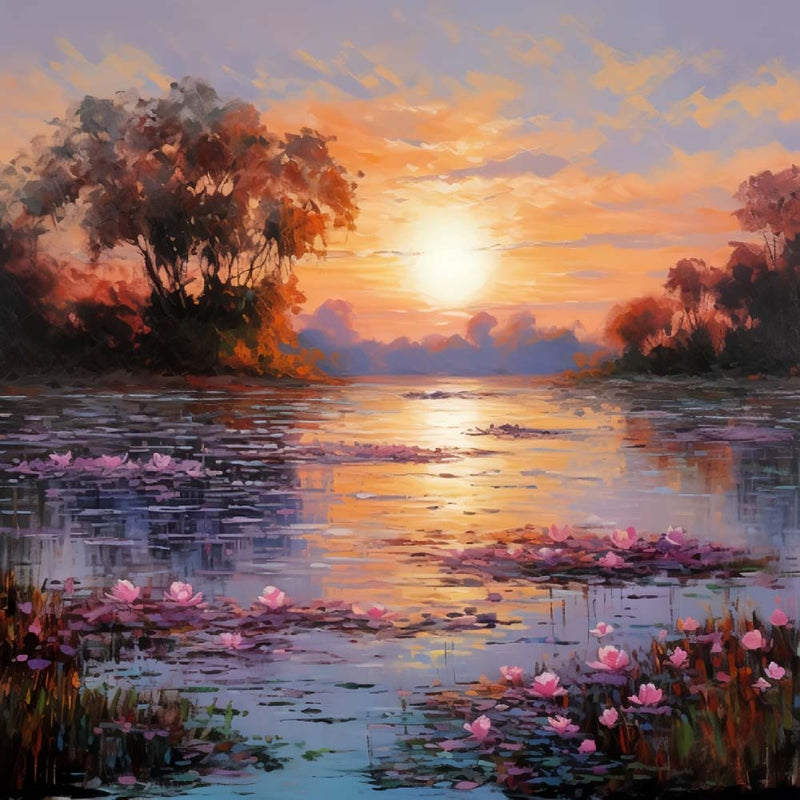 Rosa Blume See bei Sonnenuntergang Diamond Painting