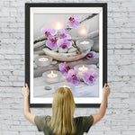 Rosa Blumen, Kerzenlicht und Steine Diamond Painting