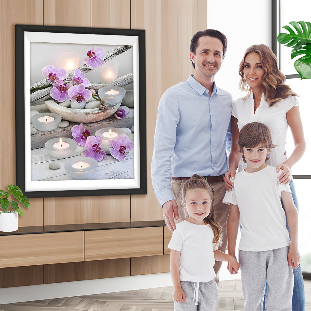 Rosa Blumen, Kerzenlicht und Steine Diamond Painting