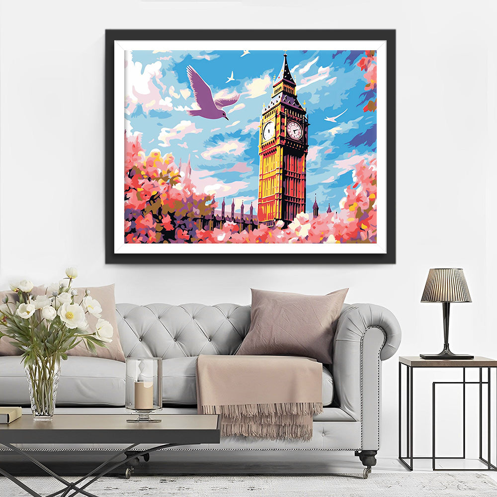 Rosa Blumen und Big Ben Diamond Painting